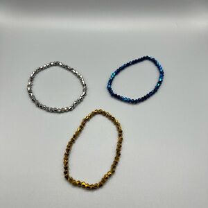Set of 3 Faceted Bead Stretch Bracelets - Gold, Blue, Silver - Handmade #B0163T